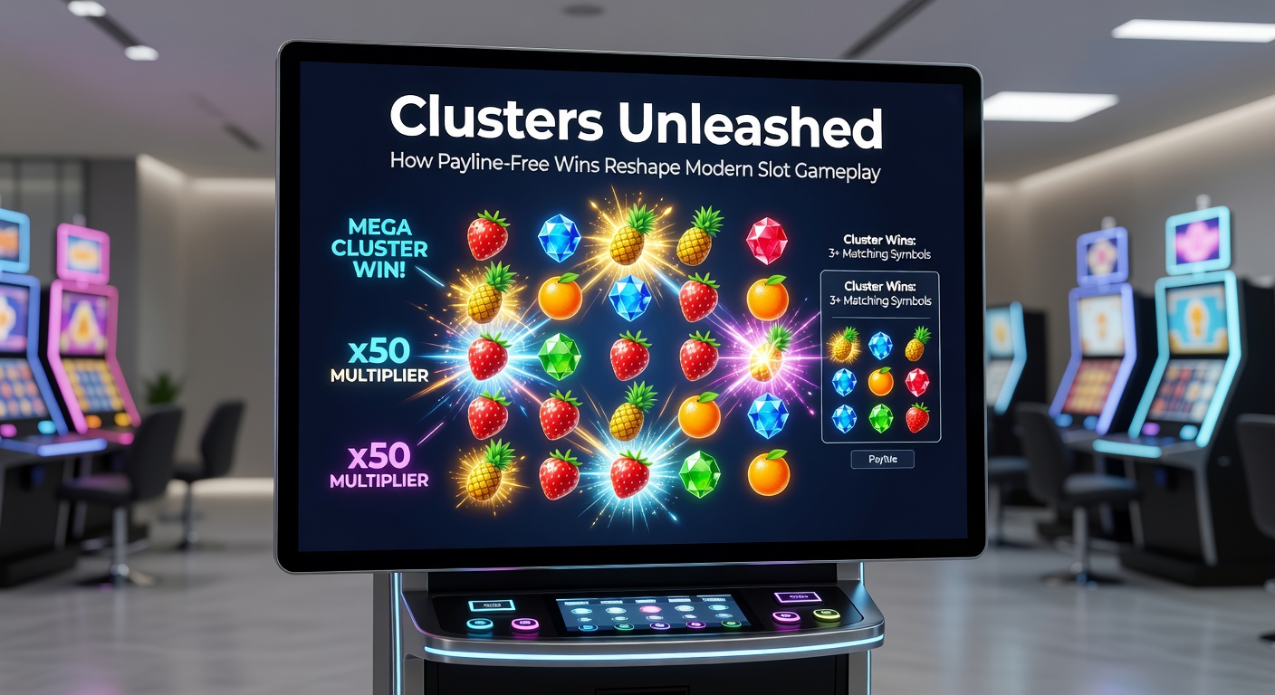 Dynamische cluster formatie in een high-volatility slot, met vallende symbolen en multiplier badges die oplichten