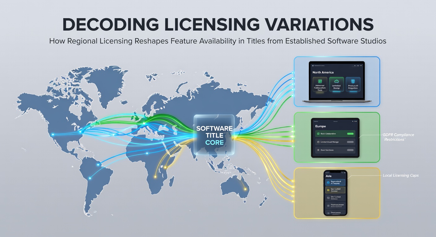 Overzicht van regionale licentieborden en softwarestudio-logo's die licentievariaties illustreren