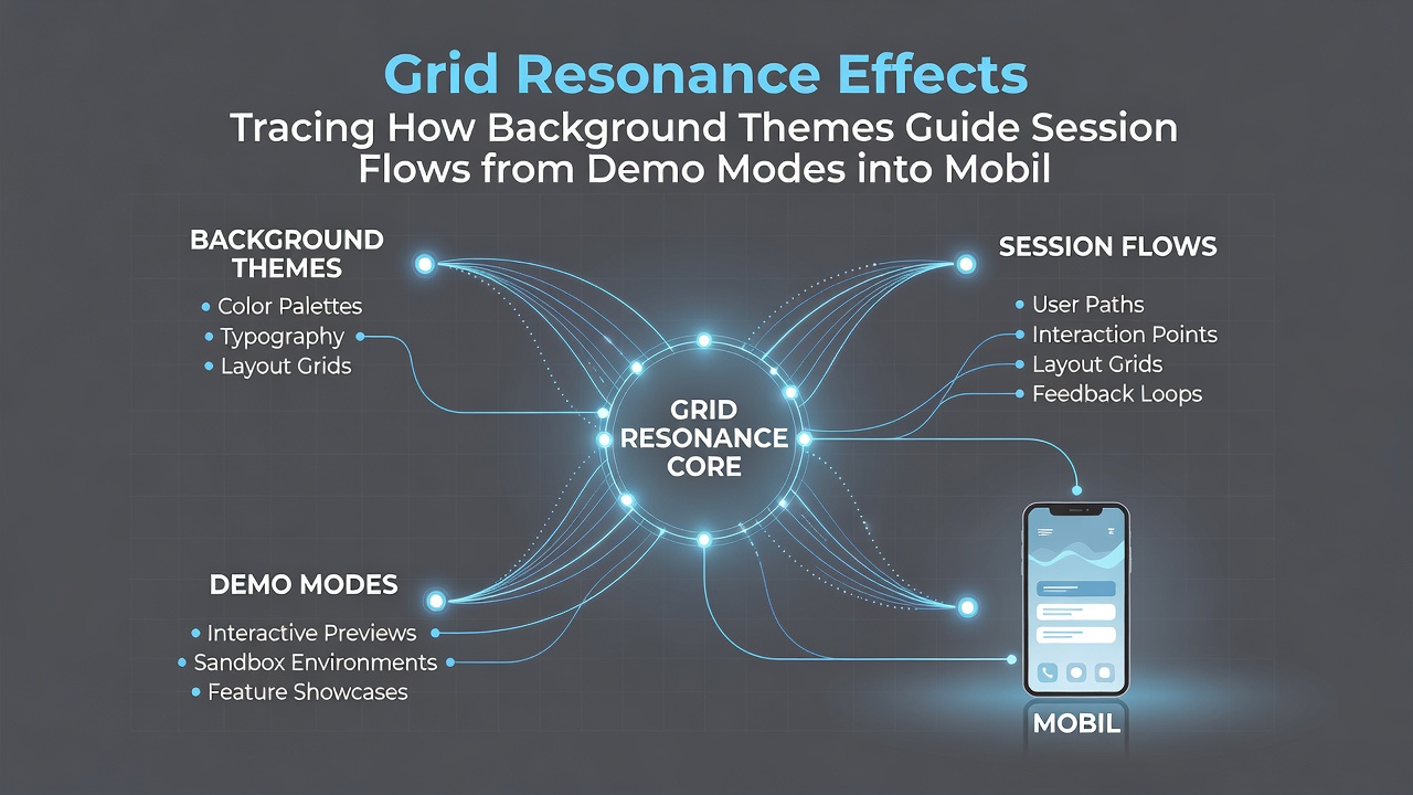 Diagram van sessie stromen van demo modi naar mobiele live gokkasten met thematische grid elementen