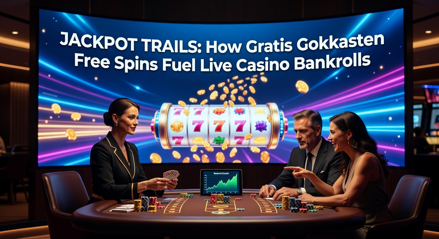 Spannende free spins in actie op een gratis gokkast met jackpot-trail symbool dat een live casino tafel in de achtergrond suggereert