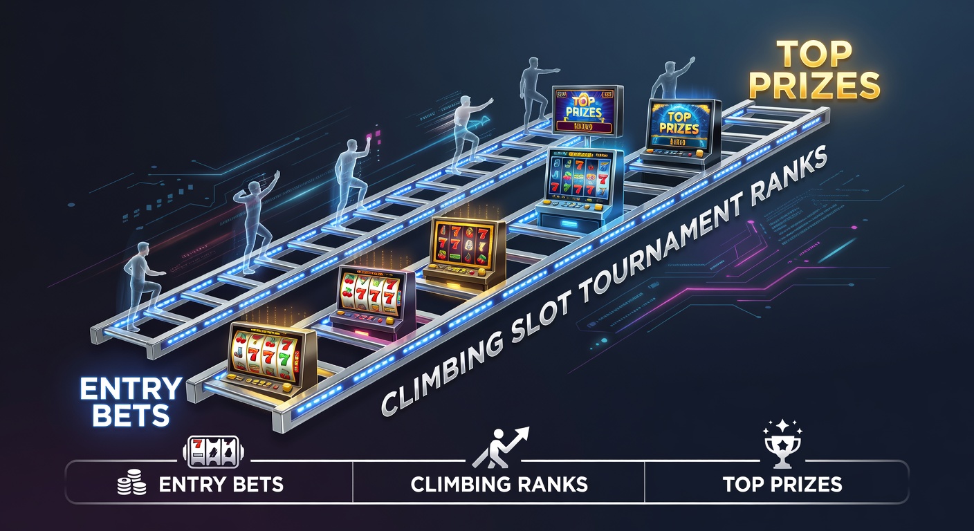 Spelers die een leaderboard beklimmen in een slot toernooi, met stijgende rangen en prijzen zichtbaar op een digitaal scherm