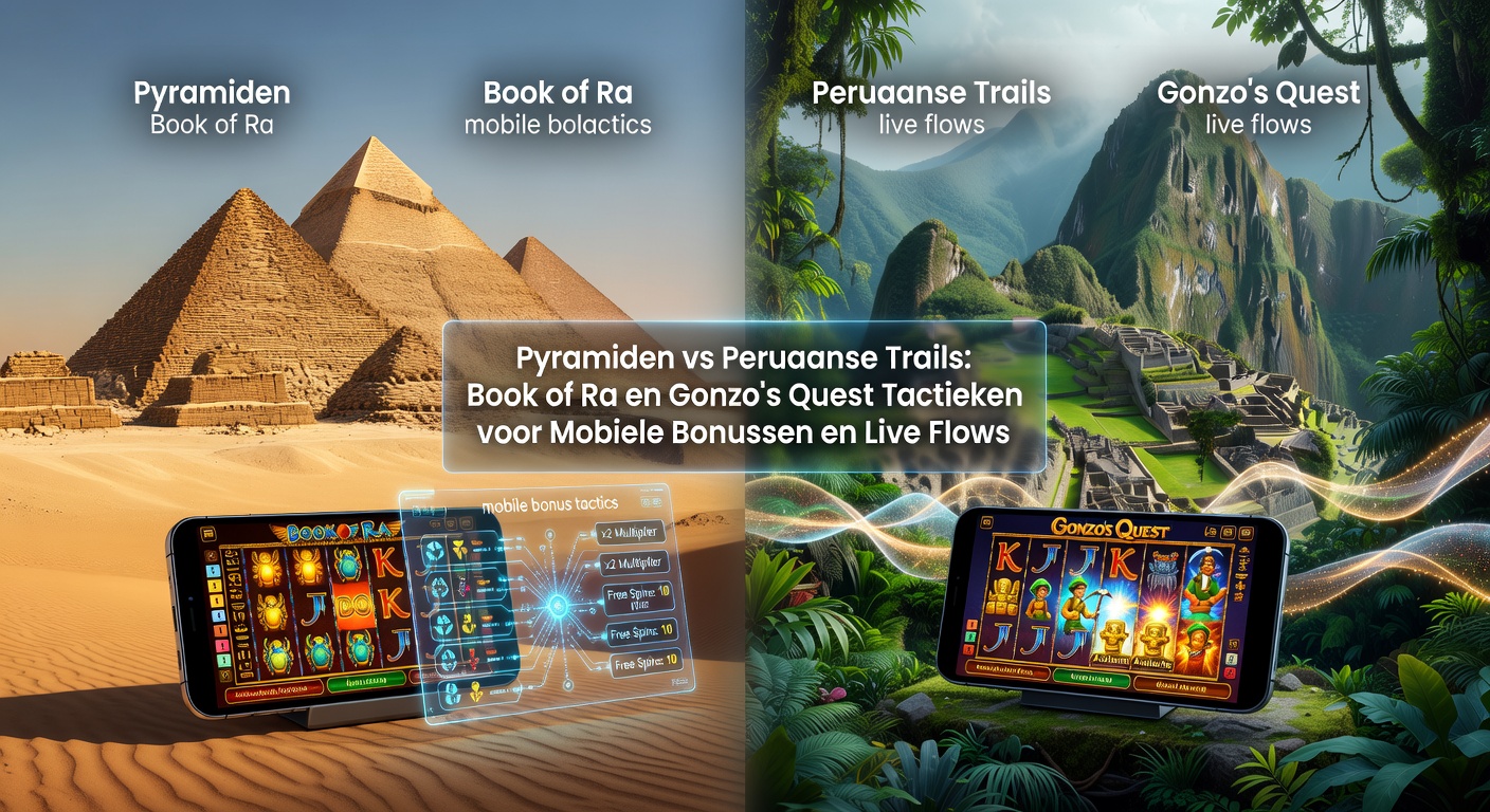 Vergelijking van piramide-symbolen uit Book of Ra naast Gonzo's avontuurlijke Peruaanse trail in een mobiele slotinterface