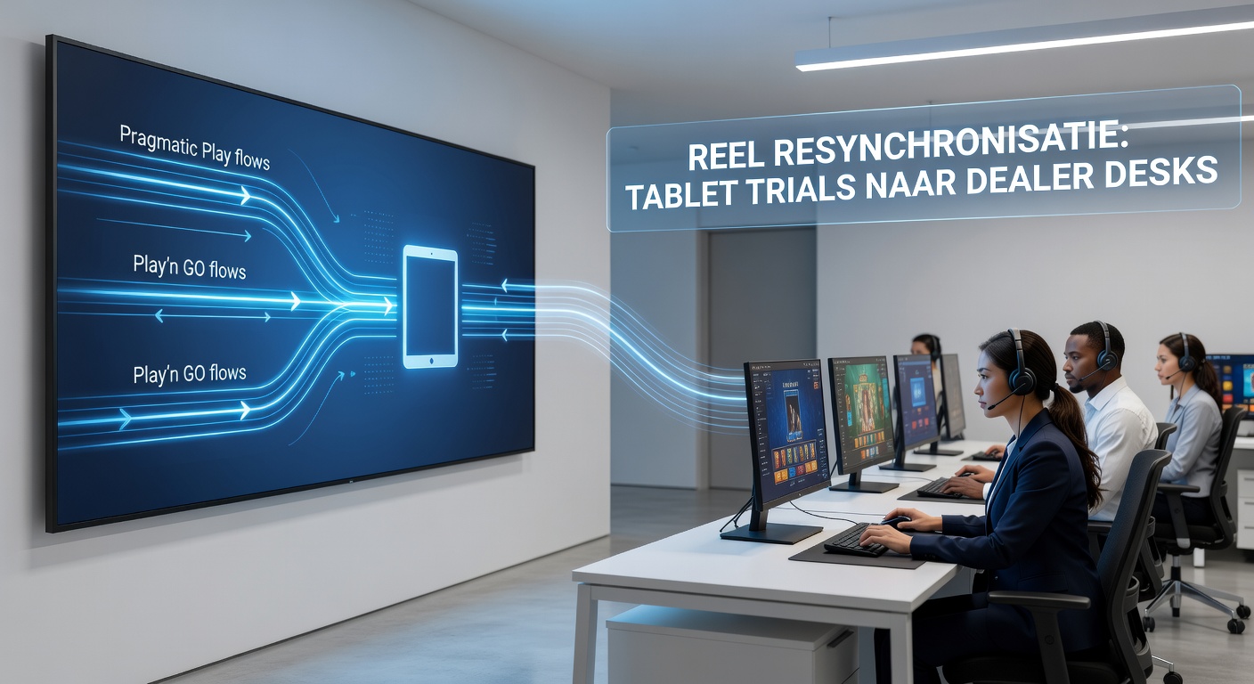 Play'n GO slot in actie op een tablet, reels resynchroniseren met gloeiende symbolen, gevolgd door een live dealer blackjack sessie op een desktop