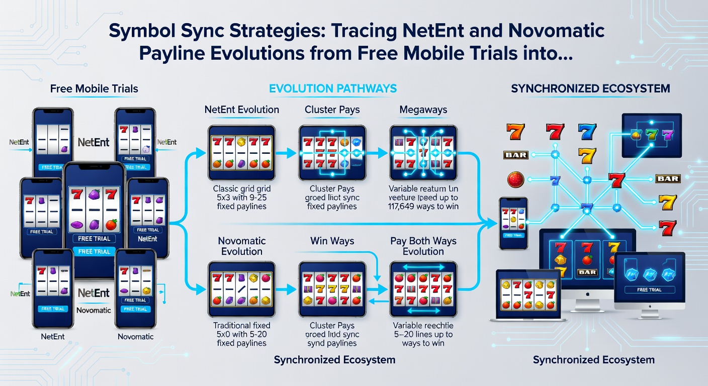 Diagram van payline sync evolutie met voorbeelden uit NetEnt en Novomatic slots tijdens mobiele en live dealer fasen
