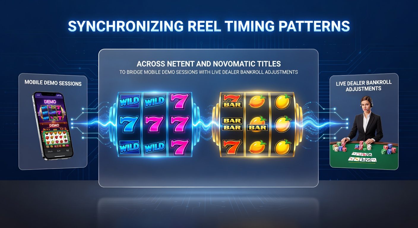 Illustratie van gesynchroniseerde reel timing patronen in NetEnt en Novomatic slots die demo sessies verbinden met live dealer aanpassingen